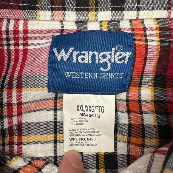 Wrangler XXL Western Pearl Snap Plaid Shirt Red White Yellow Cotton Mens Classic - Picture 4 of 7